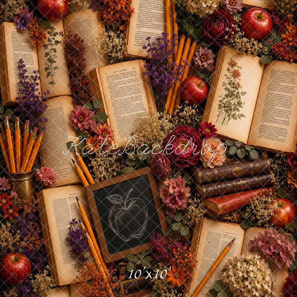 Kate Back to School Botanical Books Apples Flowers Chalkboard Printed Backdrop Designed by Ashley Ward