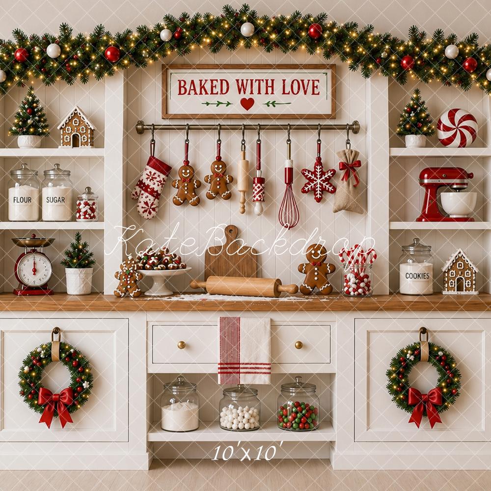 Kate Christmas Baking White Kitchen Cabinet Printed Backdrop Designed by Caitlin Lynch