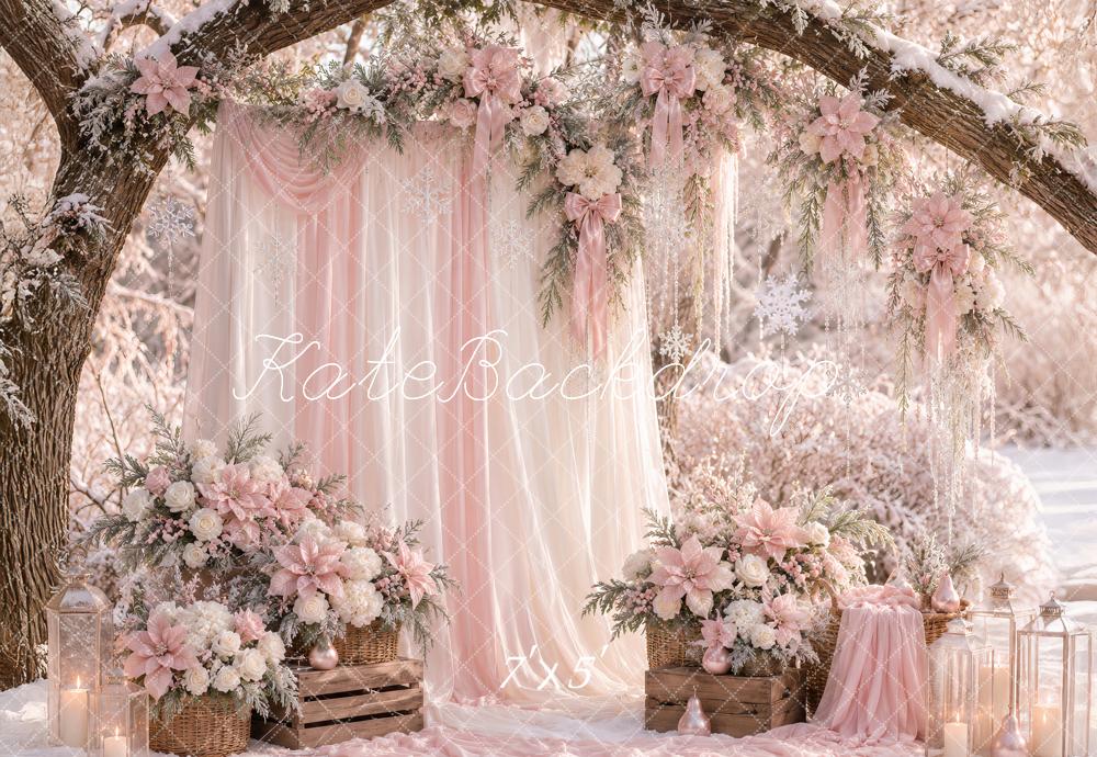 Kate Winter Pink Flower Branch Arch Snowy Outdoor Printed Backdrop Designed by Ashley Paul