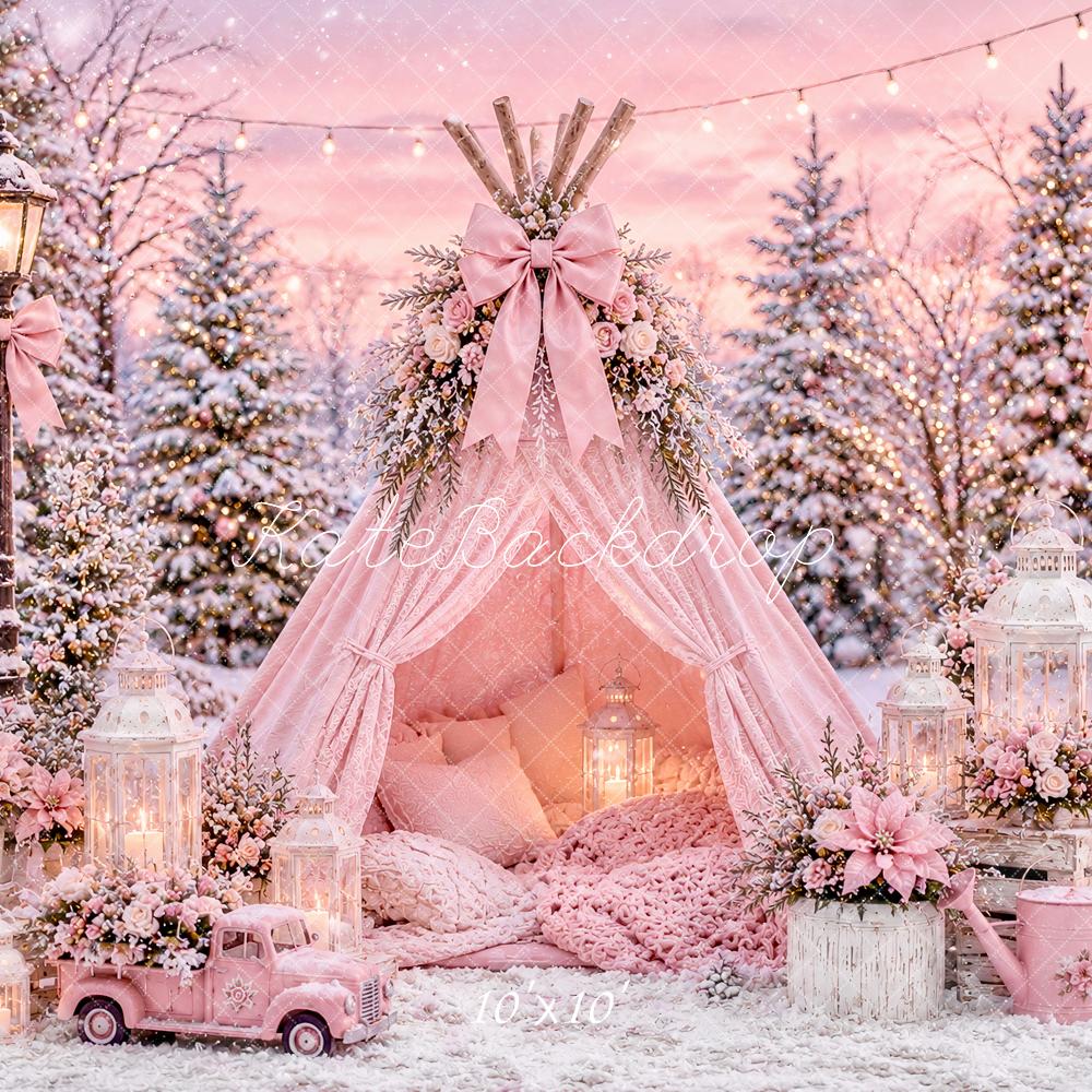 Kate Christmas Pink Floral Winter Teepee Snowy Forest Printed Backdrop Designed by Ashley Paul