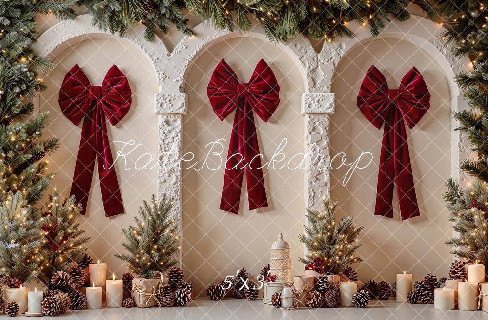Kate Christmas Red Bow Arches Pine Garland Candles Printed Backdrop Designed by Emetselch