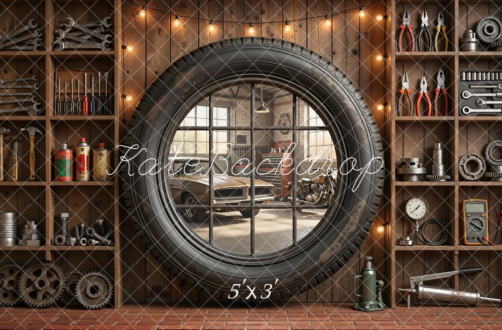 Kate Father's Day Garage Tire Window Tool Shelves Printed Backdrop Designed by Emetselch