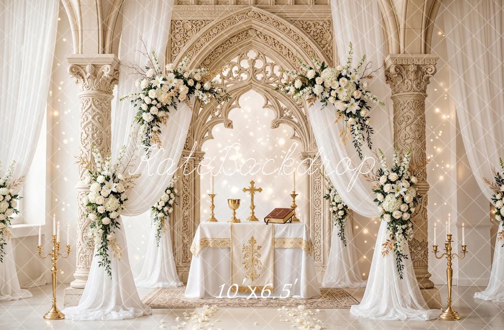 Kate Mother's Day Floral Arch Ornate Columns Altar Printed Backdrop Designed by Chain Photography