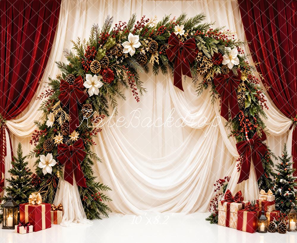 Kate Christmas Floral Garland Arch Red White Drapes Gifts Printed Backdrop Designed by Emetselch