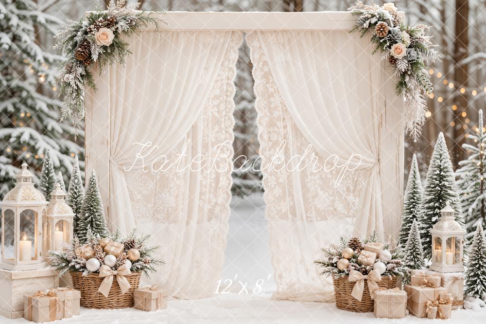 Kate Christmas White Lace Drapes Winter Flower Arch Snow Printed Backdrop Designed by Emetselch