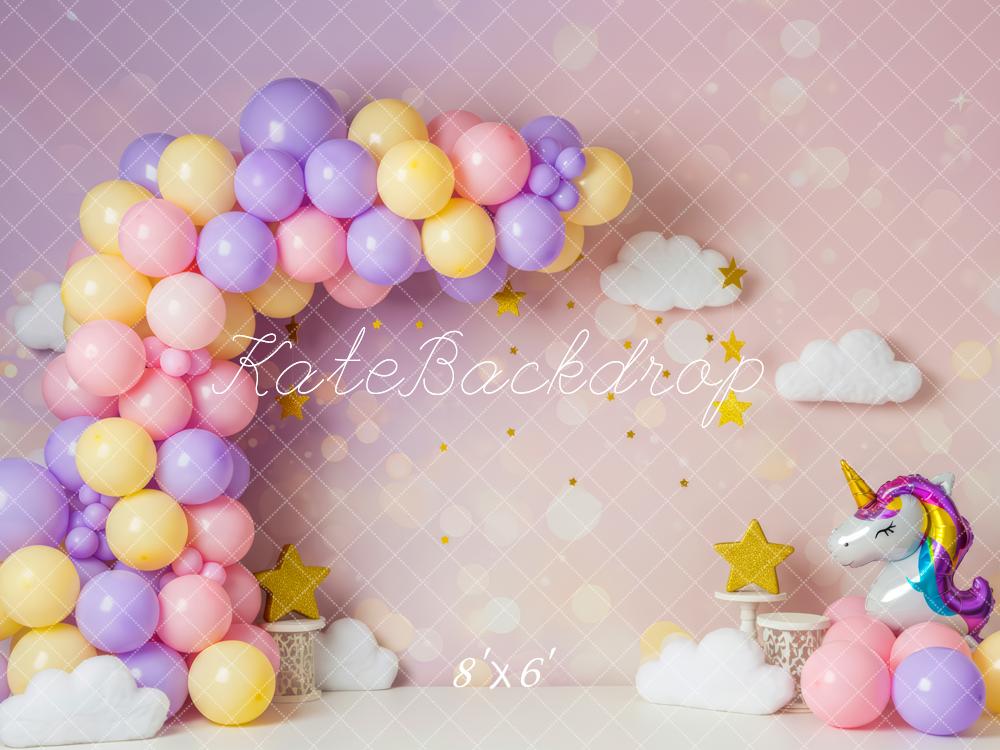 Kate Cake Smash Pastel Balloon Arch Unicorn Clouds Stars Backdrop Designed by Patty Roberts