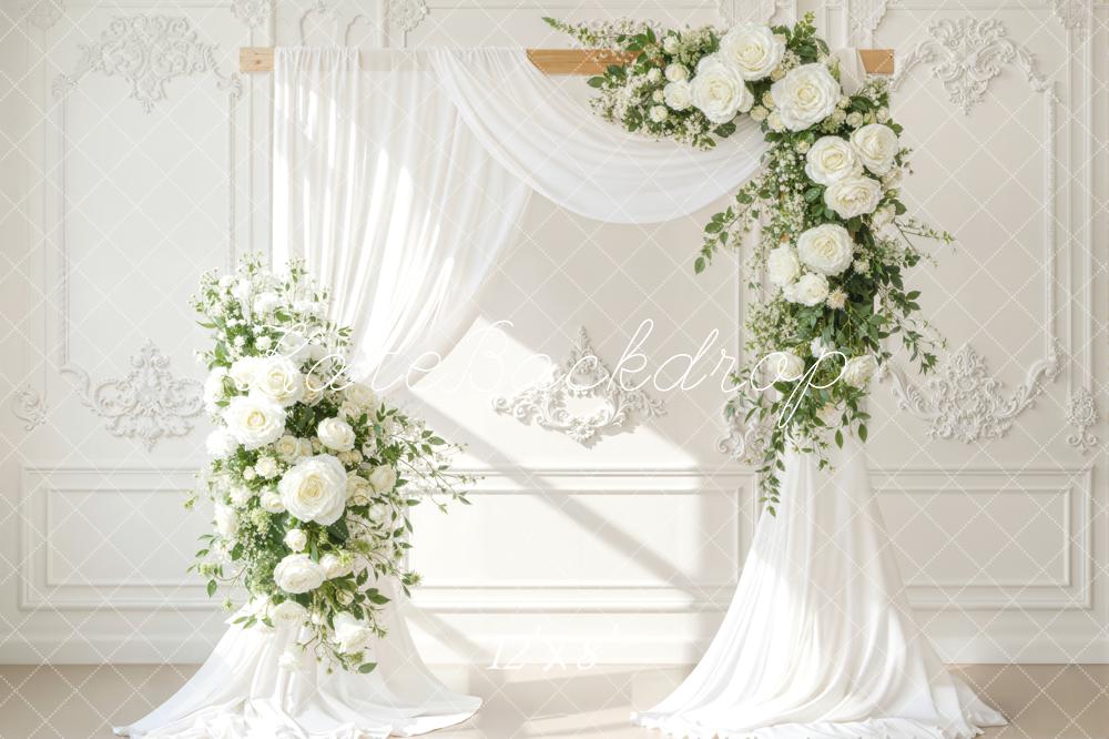 Kate Spring Wedding Flower Arch White Drapes Backdrop Designed by Emetselch