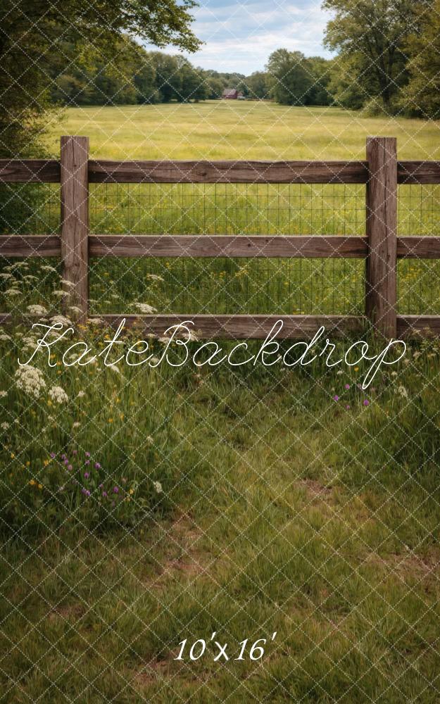Kate Sweep Rustic Meadow Wooden Fence Wildflowers Green Field Printed Backdrop Designed by Vertigo Productions
