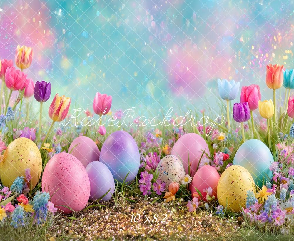 Kate Easter Colorful Eggs Tulip Flower Garden Field Printed Backdrop Designed by Angela Miller