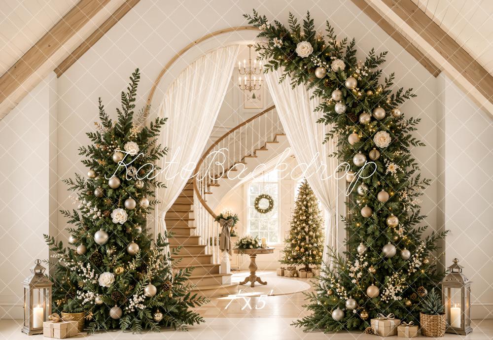 Kate Christmas Tree Arch Staircase Elegant Foyer Gable Roof Printed Backdrop Designed by Emetselch