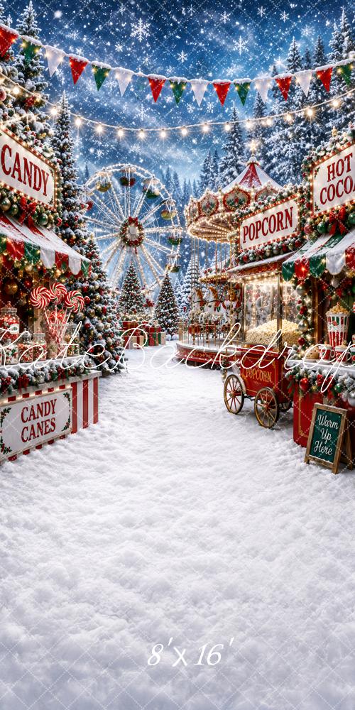Kate Sweep Christmas Snowy Amusement Park Carnival Carousel Ferris Wheel Stand Printed Backdrop Designed by Ashley Paul