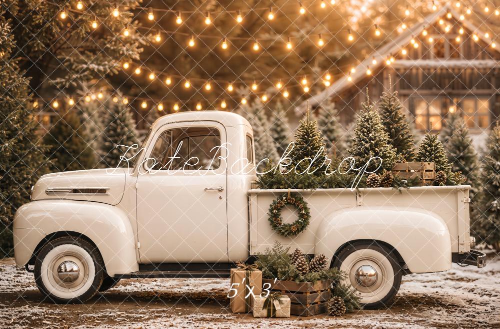Kate Christmas Vintage Truck Pine Trees String Lights Printed Backdrop Designed by Emetselch