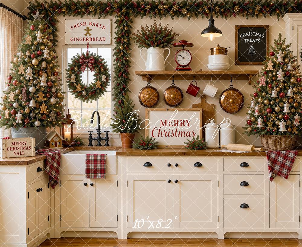 Kate Christmas Tree White Kitchen Cabinet Pan Baking Plaid Printed Backdrop Designed by Shutter Swan Studios