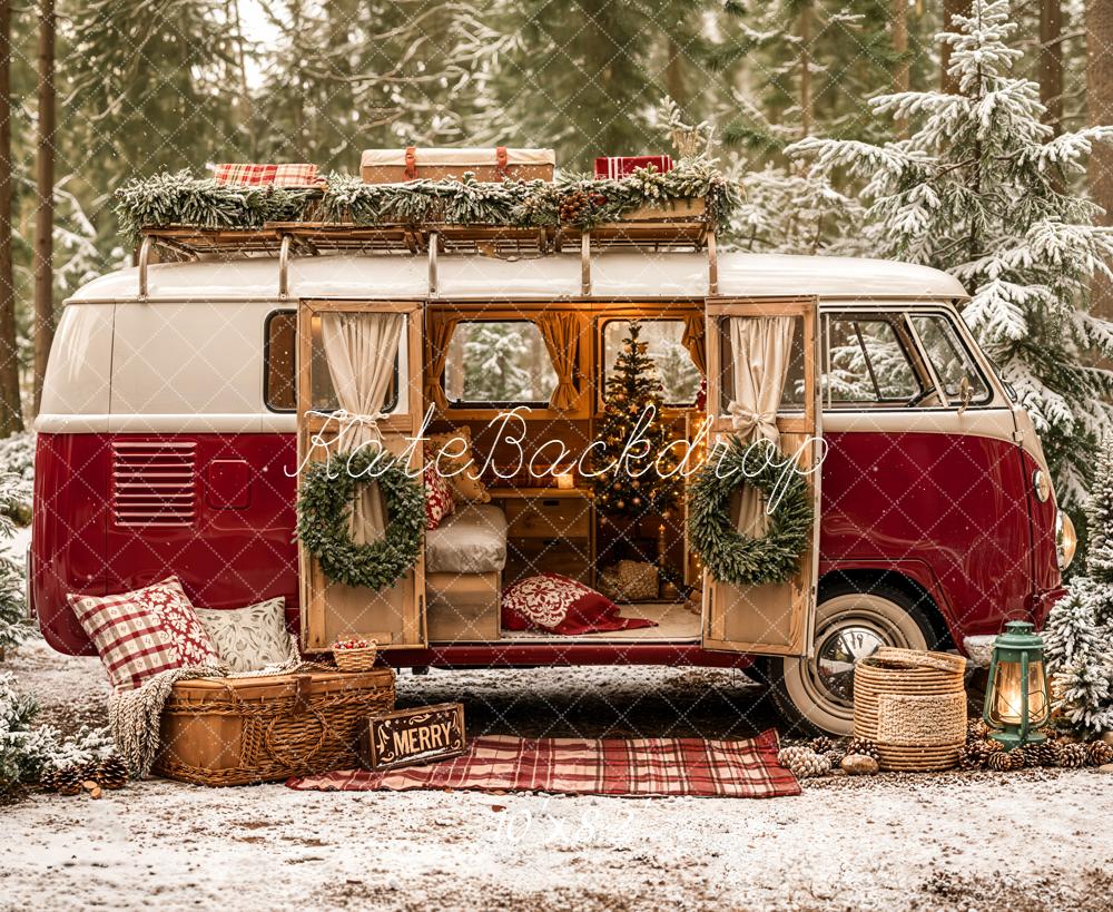 Kate Christmas Red Vintage Van Forest Snow Backdrop Designed by Emetselch