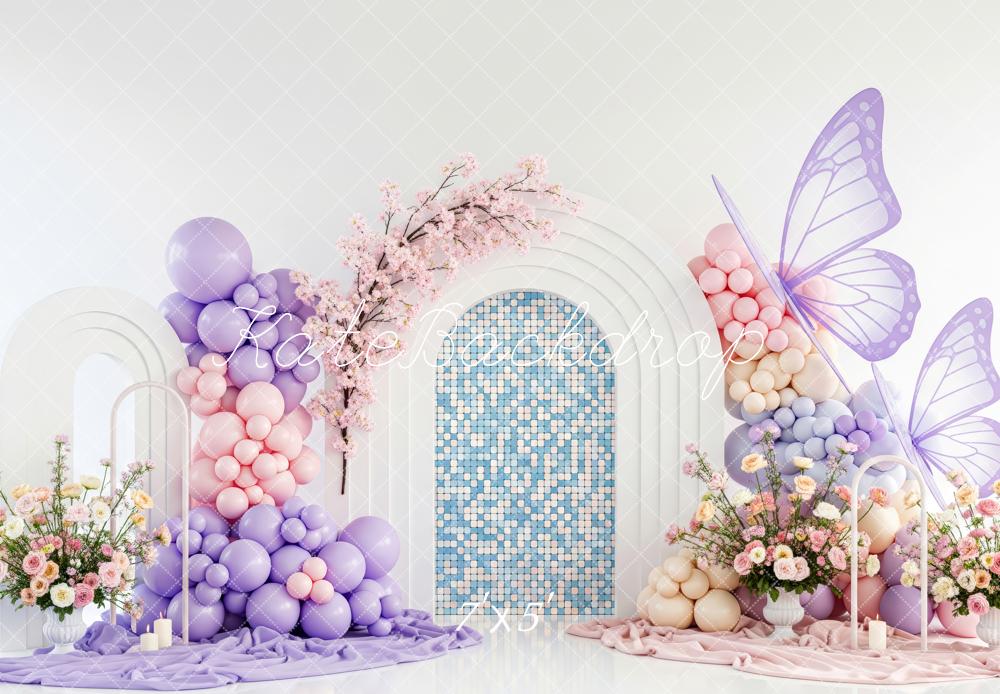 Kate Cake Smash Pastel Balloon Arch Butterfly Mosaic Flowers Printed Backdrop Designed by Patty Roberts