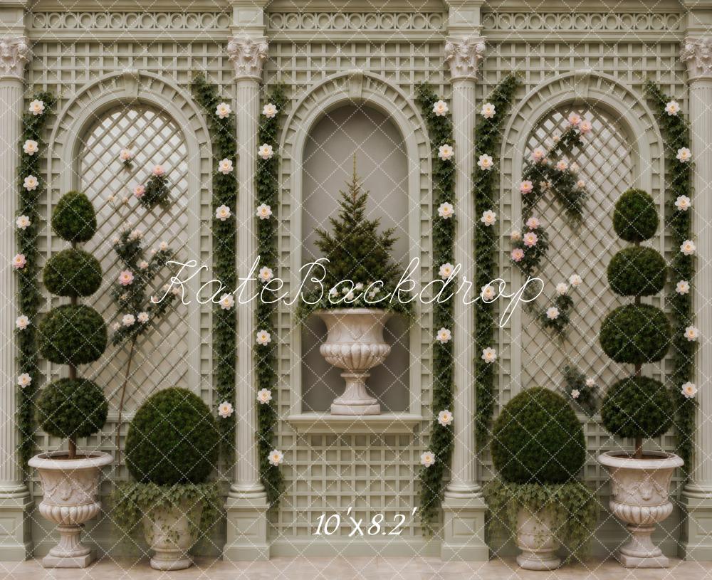Kate Classic Garden Trellis Arches Topiary Green Printed Backdrop Designed by Vertigo Productions