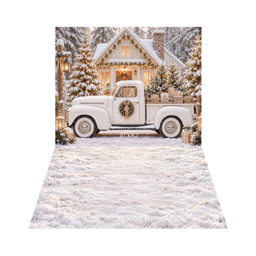 Kate Christmas Vintage Truck Snowy Cabin Printed Backdrop+White Snowy Floor Printed Backdrop