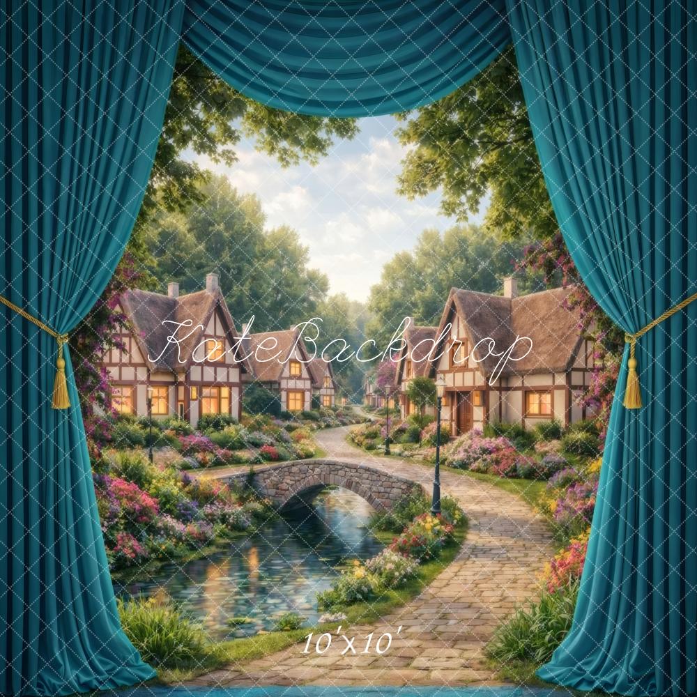 Kate Fairy Fantasy Village Bridge Teal Curtains Printed Backdrop Designed by Vertigo Productions