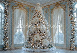 Kate Christmas White Poinsettia Tree Gorgeous Window Mansion Printed Backdrop Designed by Mini MakeBelieve