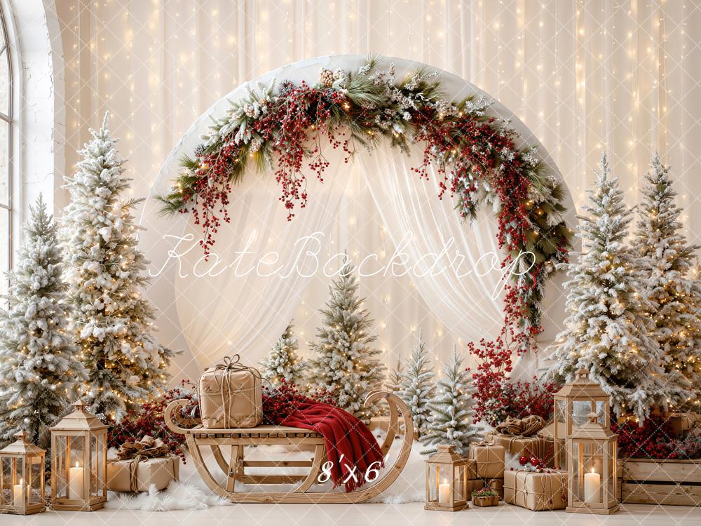 Kate Christmas White Circle Arch Drapes Sleigh Trees Lanterns Printed Backdrop Designed by Emetselch