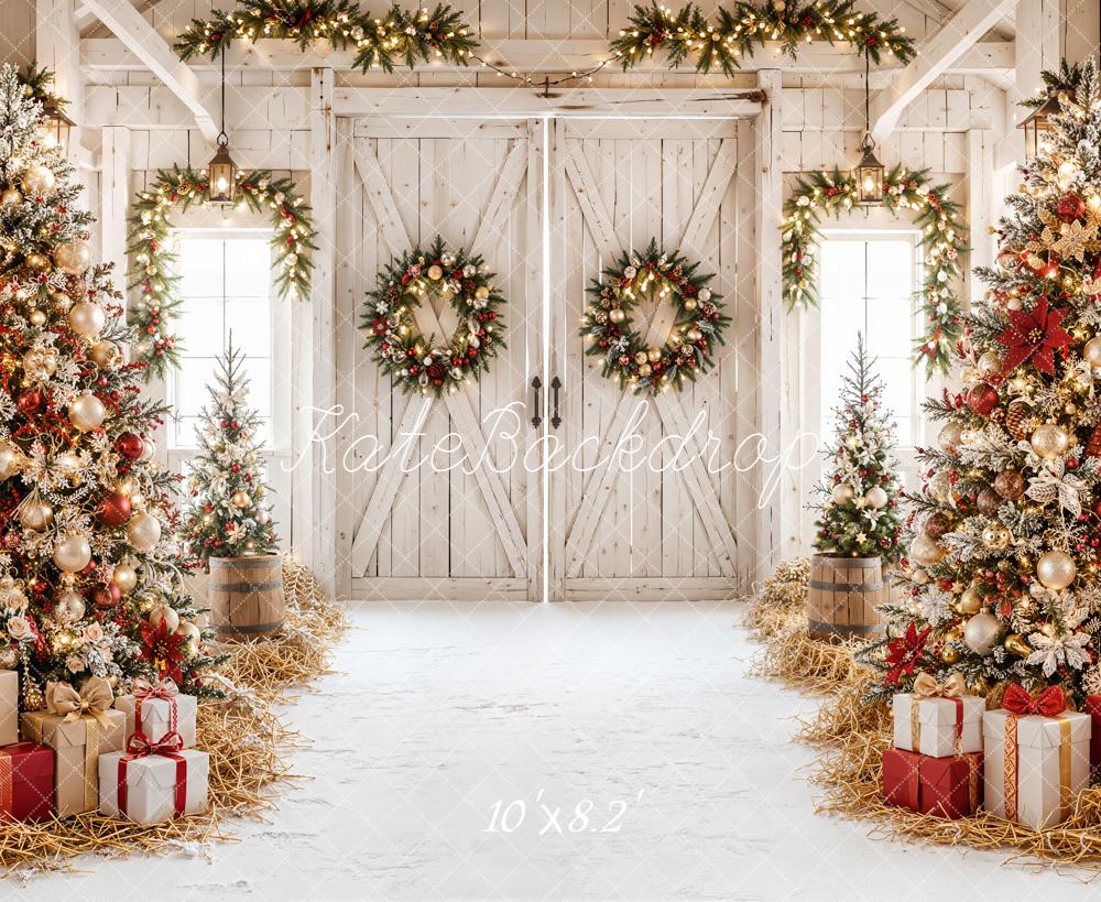 Kate Christmas Rustic Barn Trees Wreaths Gifts Snow Printed Backdrop Designed by Emetselch