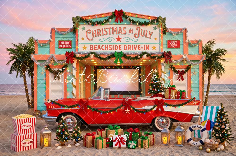 Kate Christmas in July Beach Drive-In Red Vintage Car Presents Palm Trees Printed Backdrop Designed by Patty Roberts