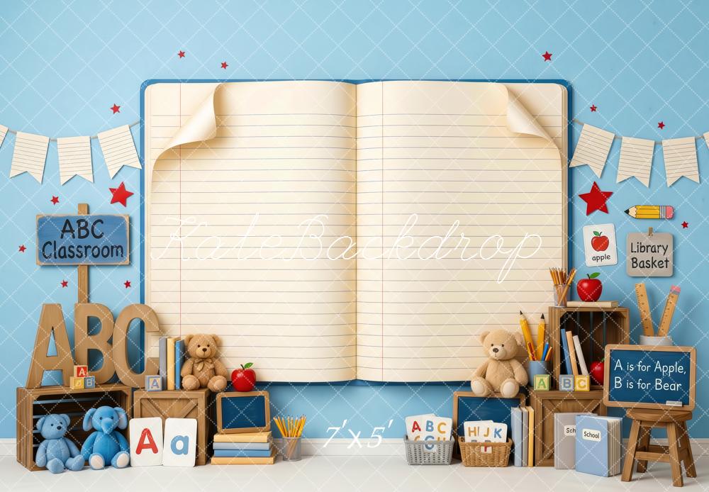 Kate Back To School Blue Classroom ABC Open Book Printed Backdrop Designed by Patty Roberts