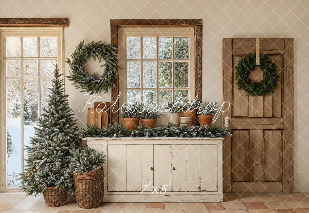 Kate Christmas Neutral Pine Tree Wreath Vintage Door Cabinet Backdrop Designed by Emetselch