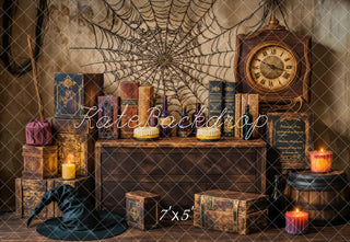 Kate Halloween Witch Spider Web Retro Clock Printed Backdrop Designed by Emetselch