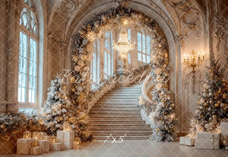 Kate Christmas Cascading Stairs Flower Arch White Gold Printed Backdrop Designed by Emetselch