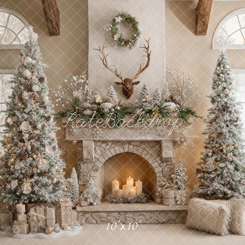 Kate Christmas Rustic Fireplace Antlers Snowy Trees Candles Backdrop Designed by Emetselch