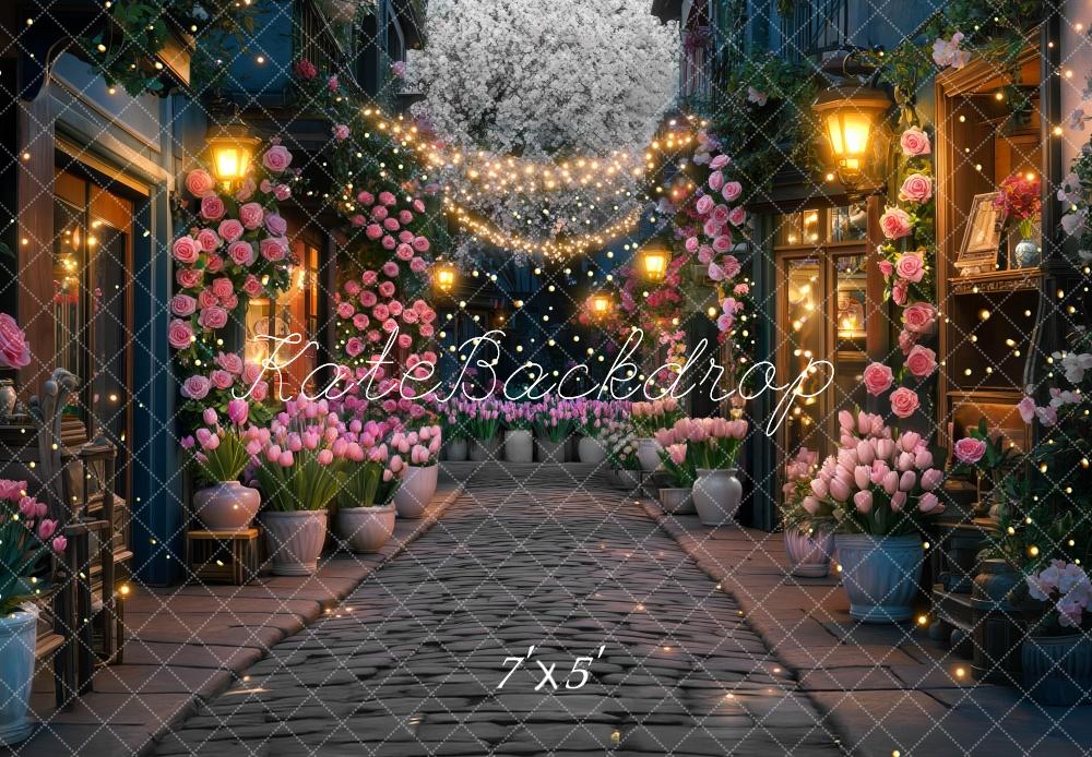 Kate Spring Night Village Floral Street Lanterns Backdrop Designed by Mini MakeBelieve