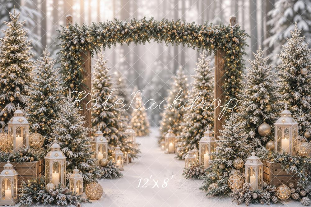 Kate Christmas Pine Arch Snowy Forest Lanterns Printed Backdrop Designed by Emetselch
