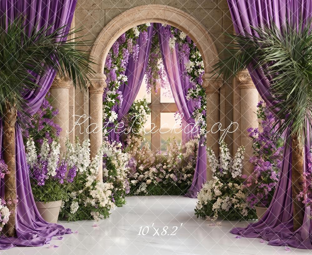 Kate Church Stage Cross Purple Flower Arch Stone Columns Printed Backdrop Designed by Angela Miller