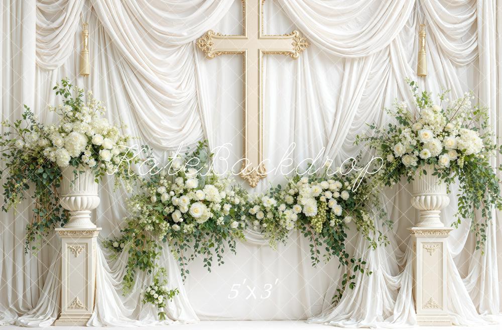 Kate Church Wedding White Drapery Cross Floral Columns Printed Backdrop Designed by Mini MakeBelieve