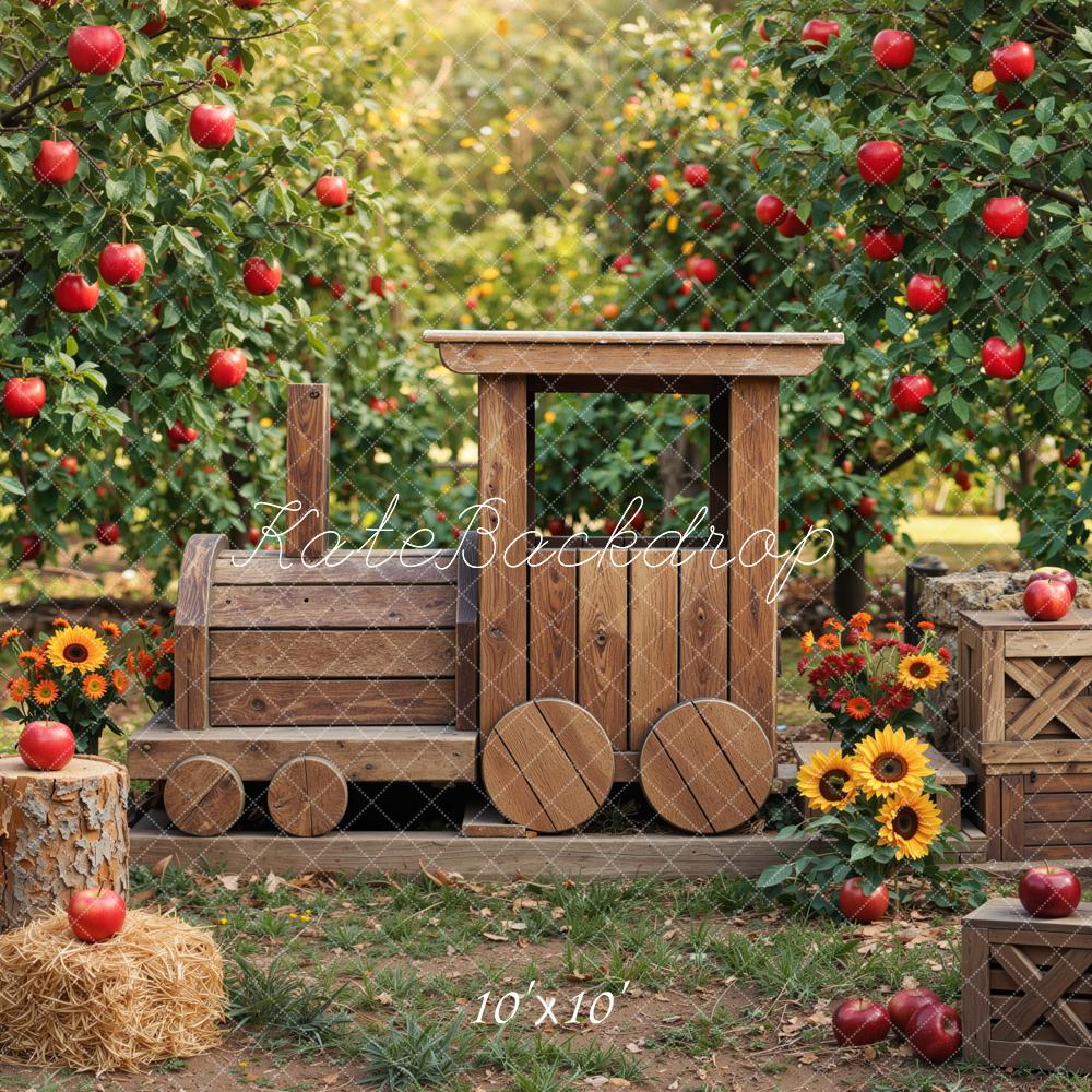 Kate Fall Wooden Train Apple Orchard Sunflowers Printed Backdrop Designed by Mini MakeBelieve