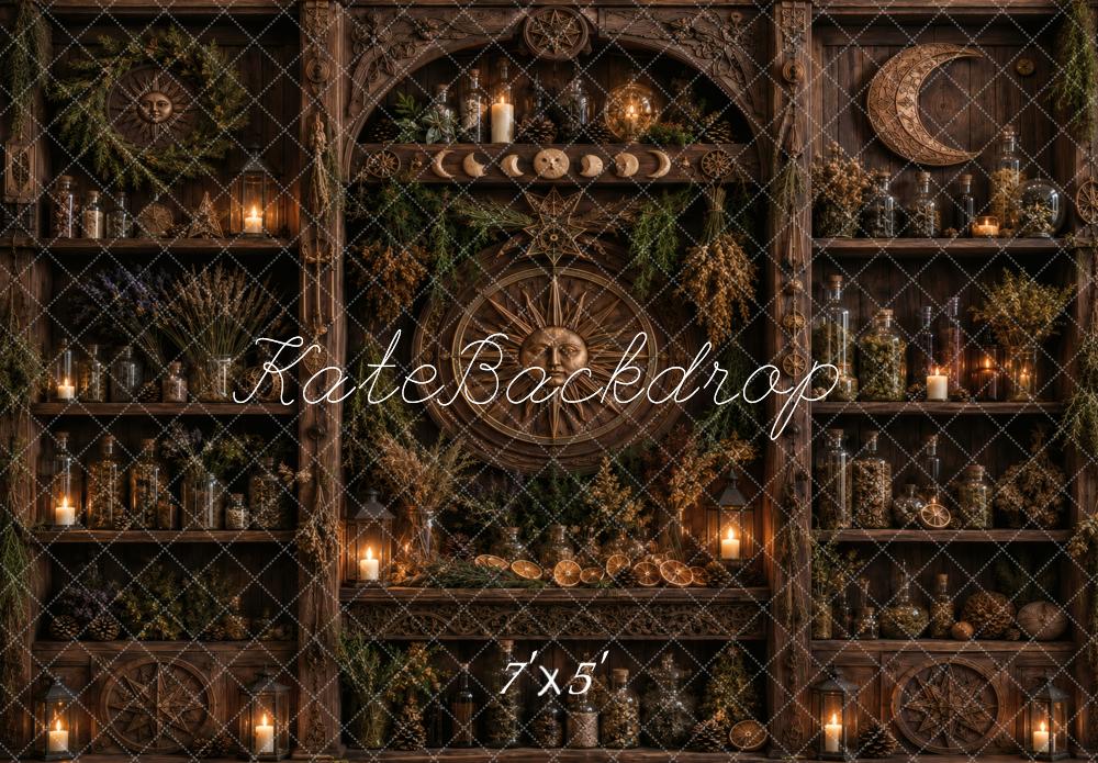 Kate Witch Apothecary Witchcraft Shelves Printed Backdrop Designed by Vertigo Productions