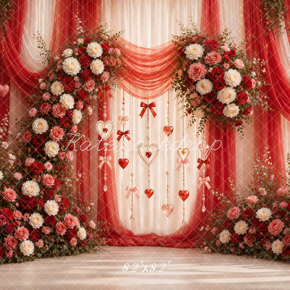 Kate Valentine's Day Floral Red Drapes Arch Hearts Garland Printed Backdrop Designed by Emetselch
