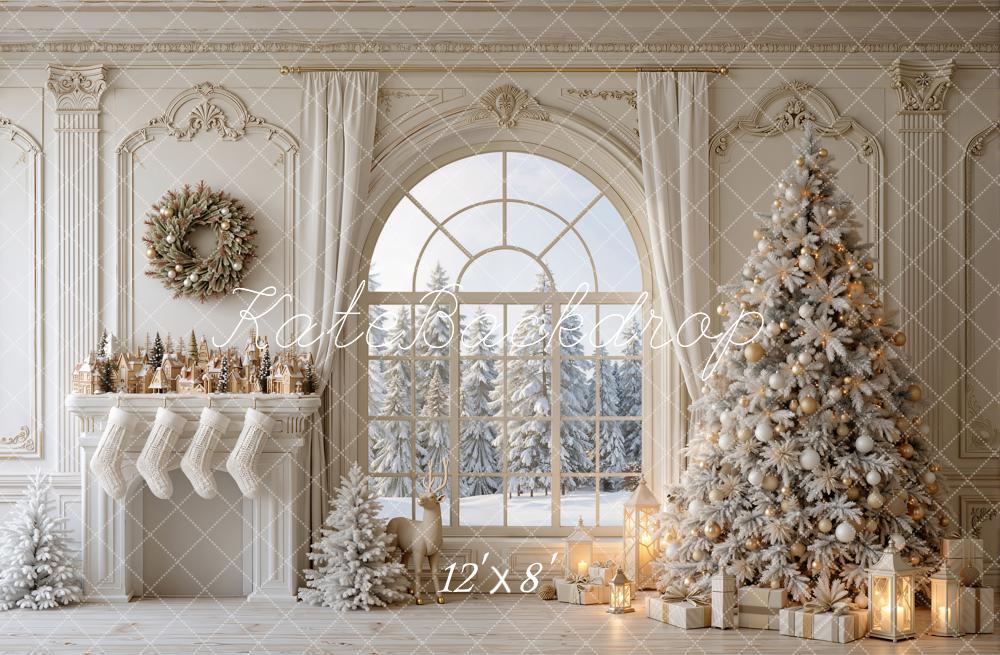 Kate Christmas Tree Ivory Fireplace Arched Window Snow Printed Backdrop Designed by Emetselch