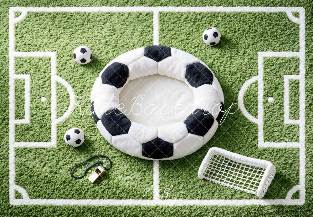 Kate Newborn Soccer Field Green Grass Soccer Ball Goal Printed Backdrop Designed by Mini MakeBelieve