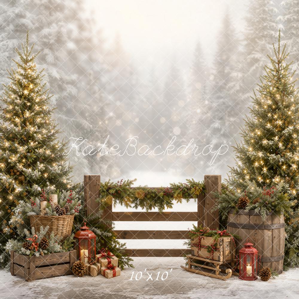 Kate Christmas Pine Trees Wooden Fence Garland Gifts Lantern Snow Printed Backdrop Designed by Emetselch