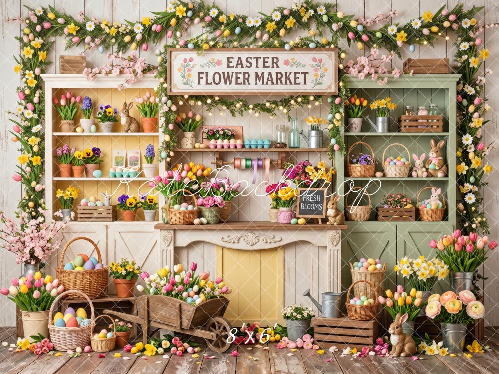 Kate Easter Flower Market Tulips Wood Shelf Eggs Printed Backdrop Designed by Patty Roberts