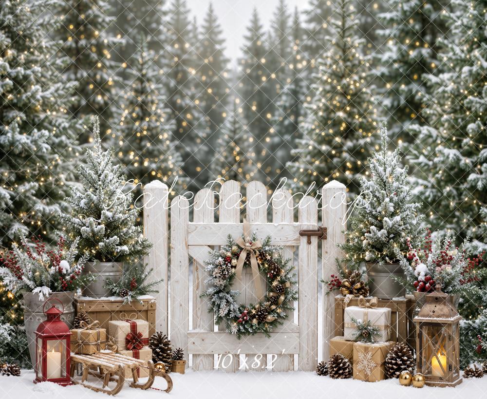Kate Christmas Snowy Forest Gate Fence Lantern Gift Boxes Printed Backdrop Designed by Emetselch