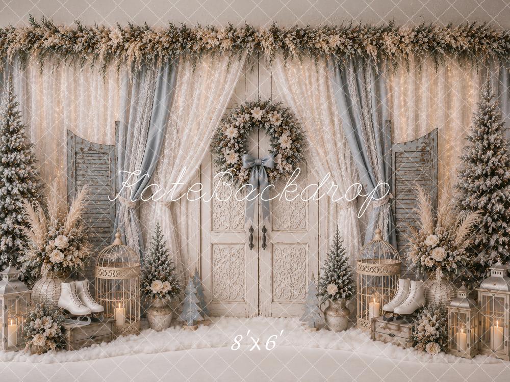 Kate Christmas White Double Doors Wreath Lace Curtains Trees Printed Backdrop Designed by Ashley Paul