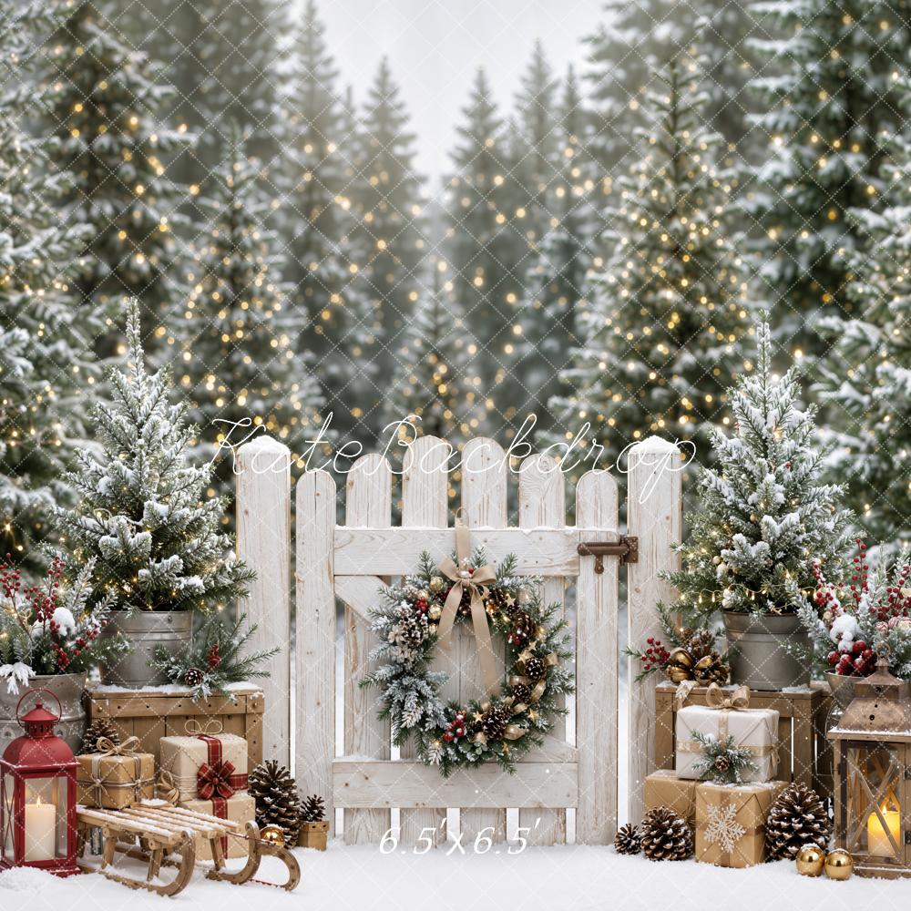 Kate Christmas Snowy Forest Gate Fence Lantern Gift Boxes Printed Backdrop Designed by Emetselch