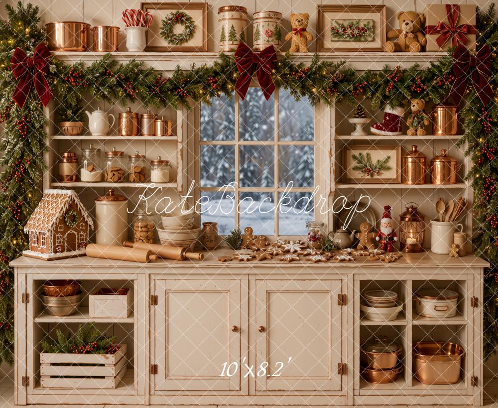 Kate Christmas White Kitchen Cabinet Garland Gingerbread Printed Backdrop Designed by Emetselch