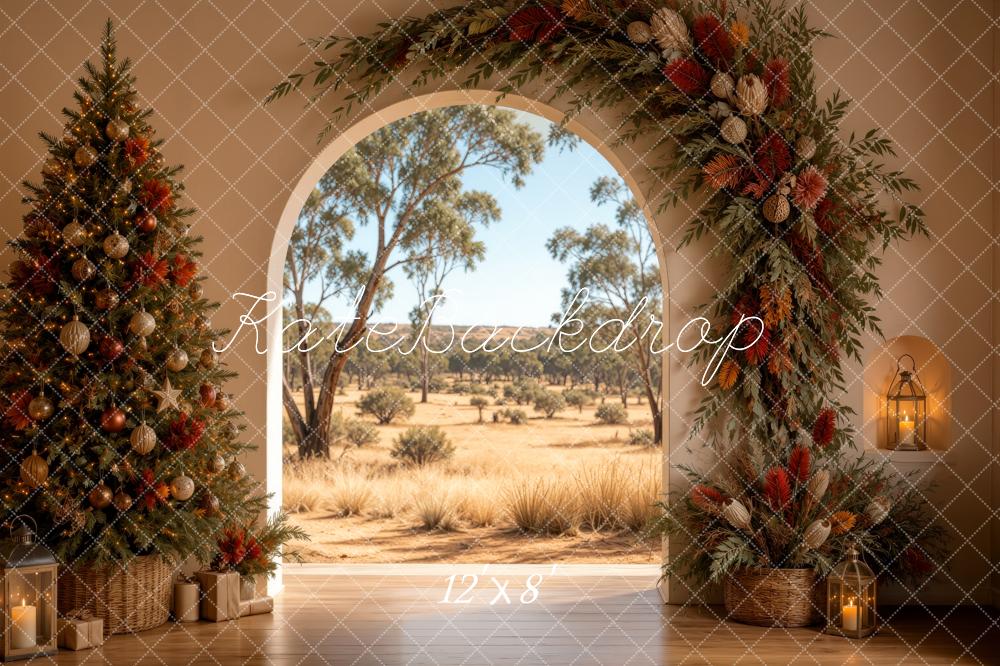 Kate Christmas Floral Arch Australian Outback Christmas Tree Printed Backdrop Designed by Ashley Ward