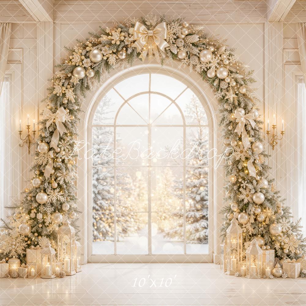 Kate Christmas Flower Arch Cream Window Presents Curtains Printed Backdrop Designed by Emetselch