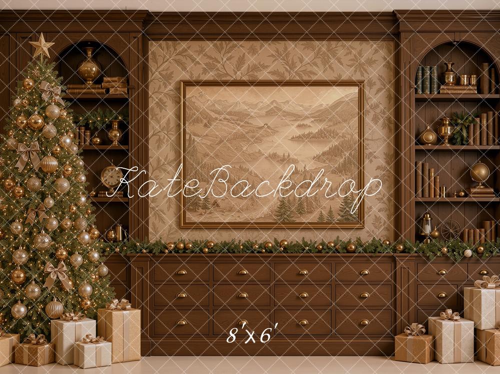 Kate Christmas Traditional Brown Library Cabinet Christmas Tree Printed Backdrop Designed by Shutter Swan Studios