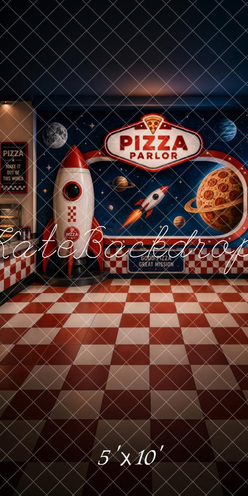 Kate Sweep Space Pizza Parlor Rocket Retro Diner Checkered Floor Printed Backdrop Designed by Megan Leigh Photography